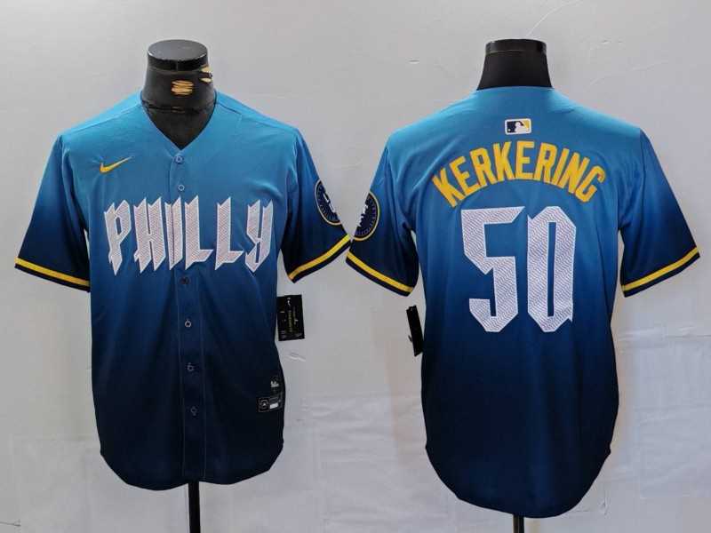 Men%27s Philadelphia Phillies #50 Orion Kerkering Blue 2024 City Connect Limited Stitched Jersey->philadelphia phillies->MLB Jersey